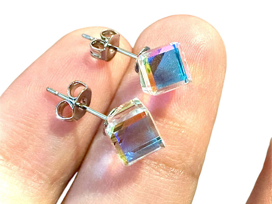 Square  Earrings 18K White Gold Plated, Aurora Borealis Earrings Women, 5MM Stud Crystal Earrings Silver, Jewelry for Women, Gift for Her - leoshopdeals