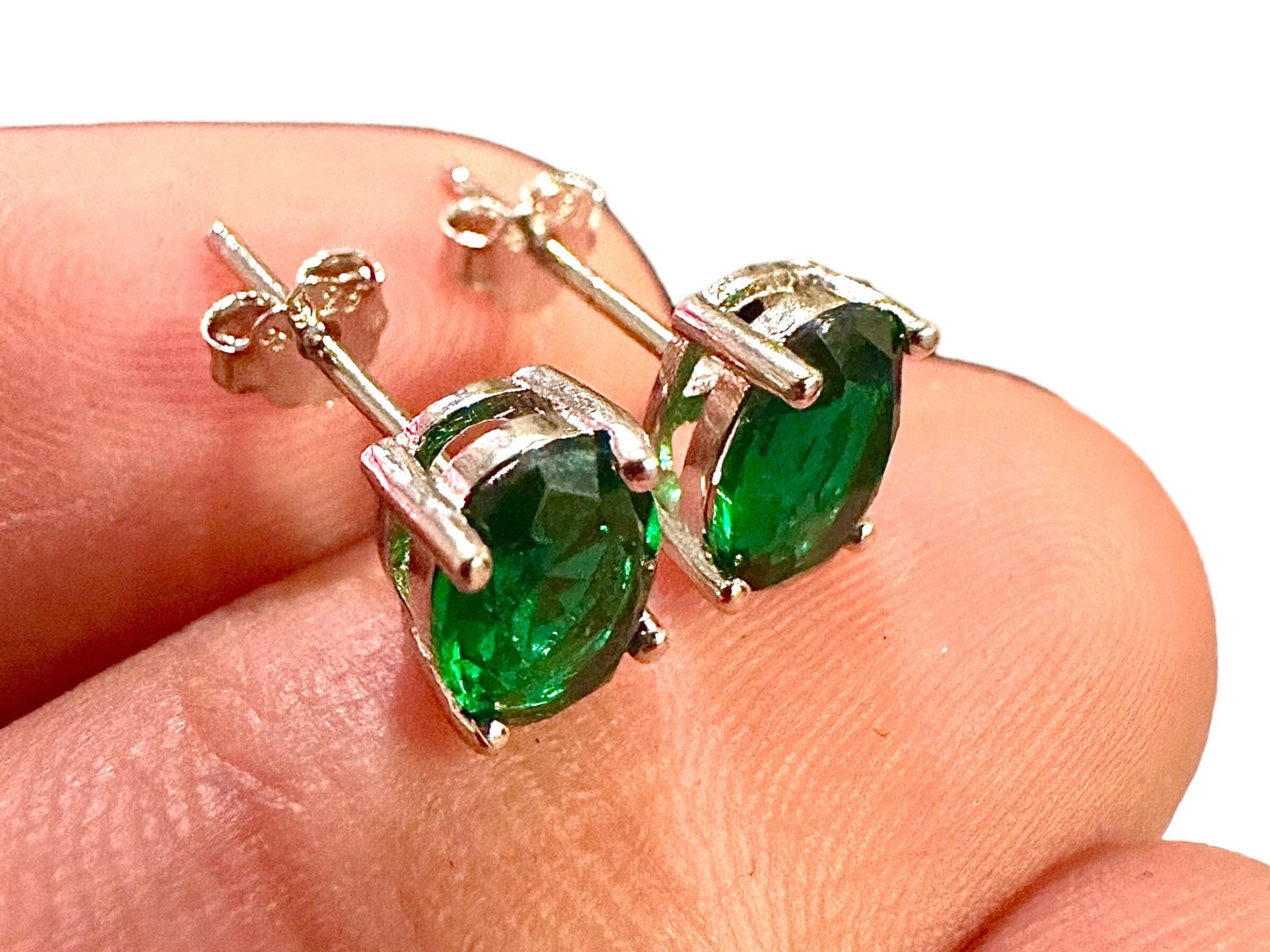 Green Emerald Earrings Stud Silver Earrings 7x4MM Oval Emerald Sterling Silver Earrings Studs Emerald Jewelry for Women Sterling Silver - leoshopdeals