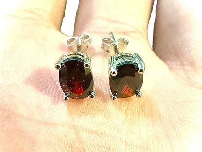 Garnet Earrings Stud Silver Earrings 7x4MM Oval Garnet Sterling Silver Earrings Studs Garnet Jewelry for Women Sterling Silver - leoshopdeals