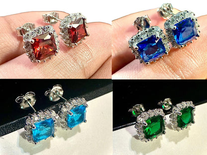 925 Sterling Silver Stud Earrings for Women 9MM, Cushion Cut Halo Earrings, Ruby Emerald Sapphire Tanzanite Opal Morganite Stud Earrings - leoshopdeals