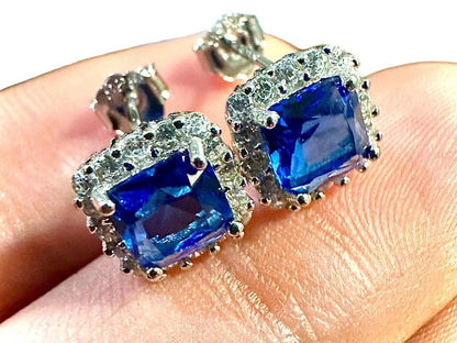 925 Sterling Silver Stud Earrings for Women 9MM, Cushion Cut Halo Earrings, Ruby Emerald Sapphire Tanzanite Opal Morganite Stud Earrings - leoshopdeals