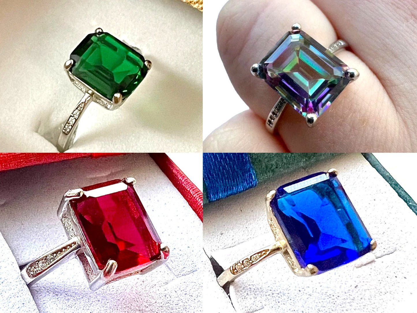 925 Sterling Silver Birthstone Ring for Women, Emerald Sapphire Ruby Mystic Topaz Emerald Cut Ring, Gift for Her, Ring for Her - leoshopdeals