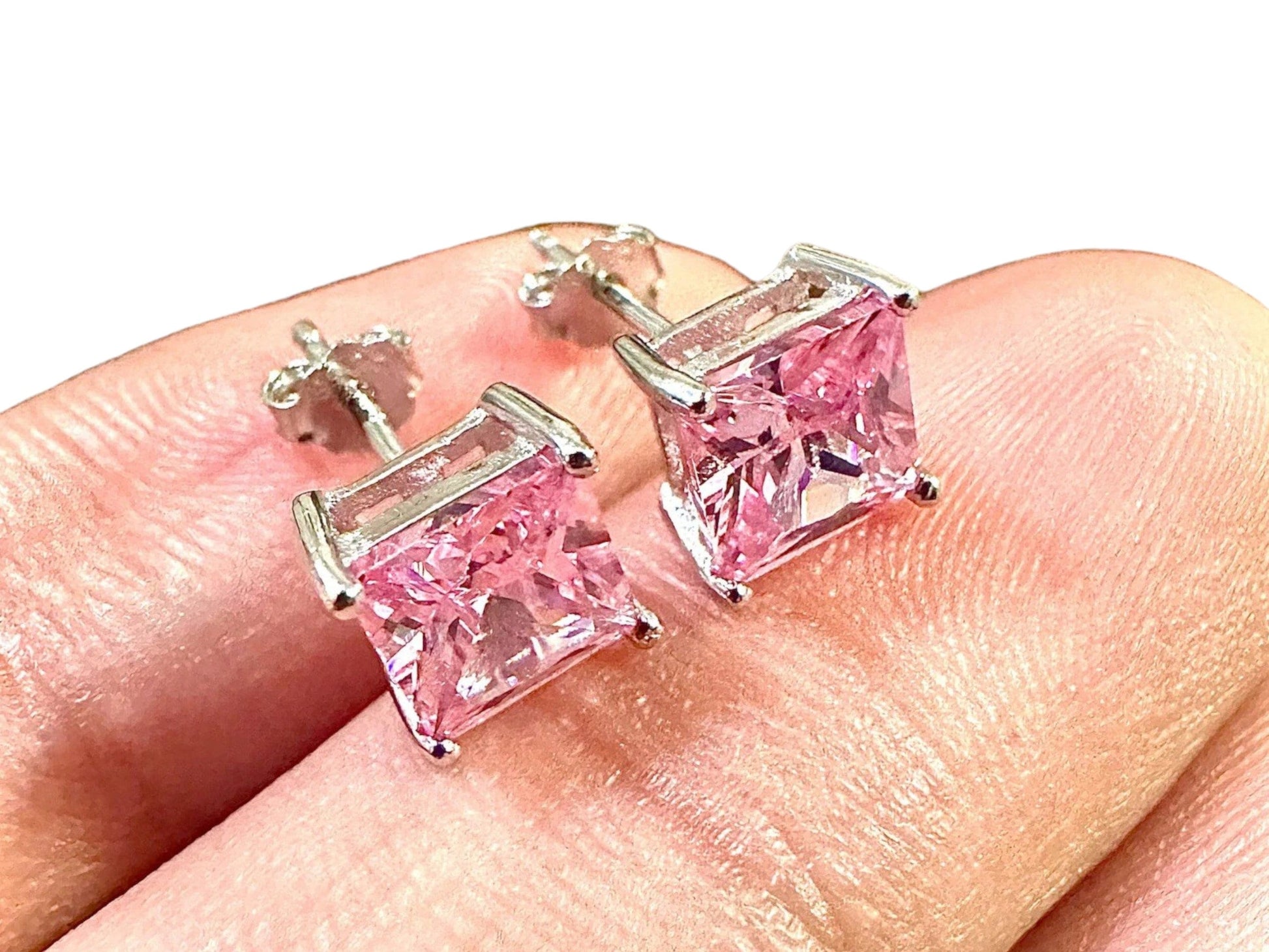 925 Sterling Silver Earrings Stud for Women, 6MM Birthstone Earrings Studs, Princess Cut Sapphire Ruby Emerald Opal Stud Earrings, Gift - leoshopdeals