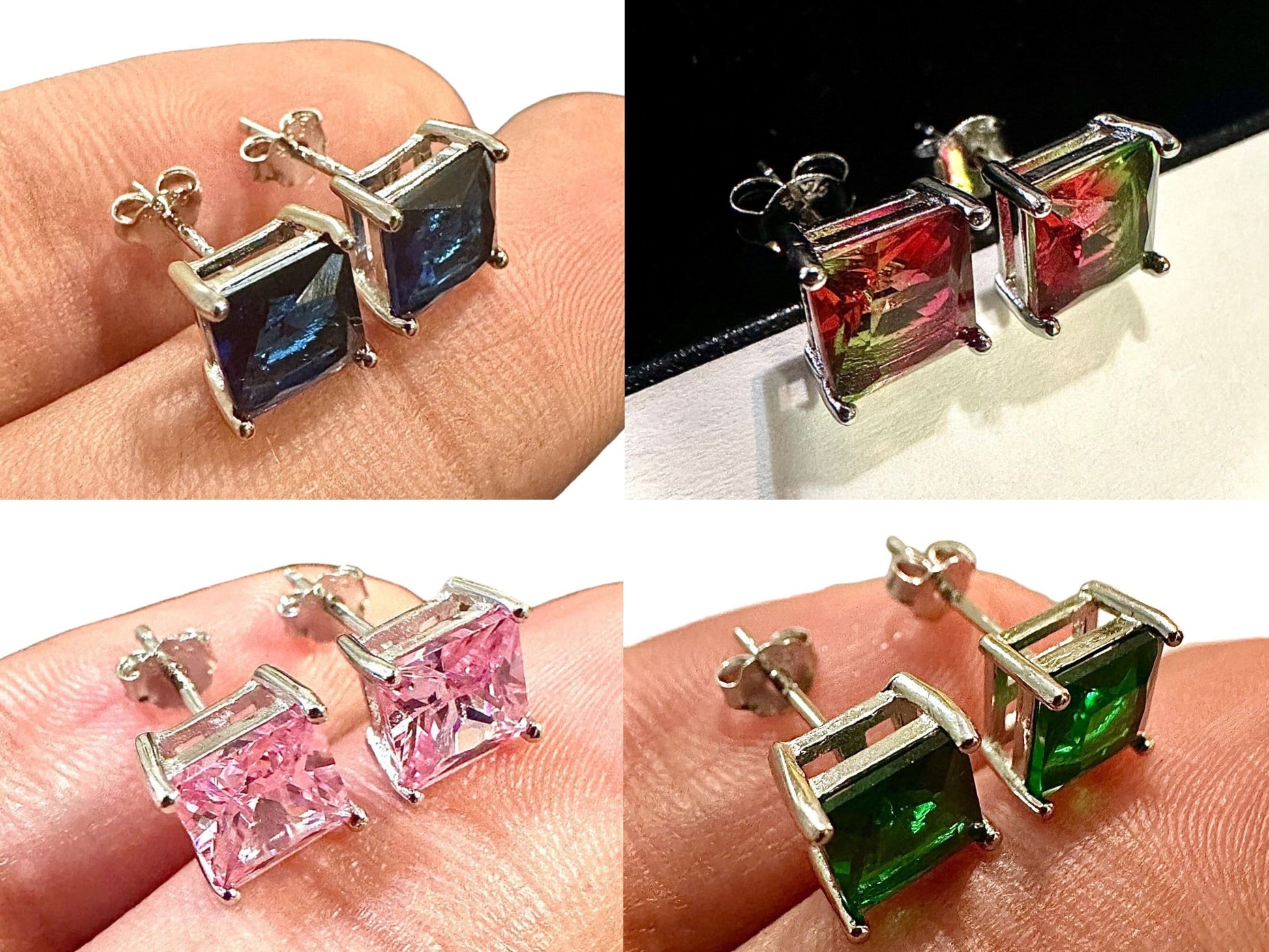 925 Sterling Silver Earrings Stud for Women, 6MM Birthstone Earrings Studs, Princess Cut Sapphire Ruby Emerald Opal Stud Earrings, Gift - leoshopdeals