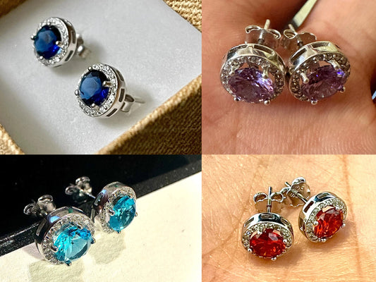 925 Sterling Silver Stud Earrings for Women 9MM, Round Cut Halo Earrings, Ruby Emerald Sapphire Tanzanite Opal Morganite Stud Earrings - leoshopdeals