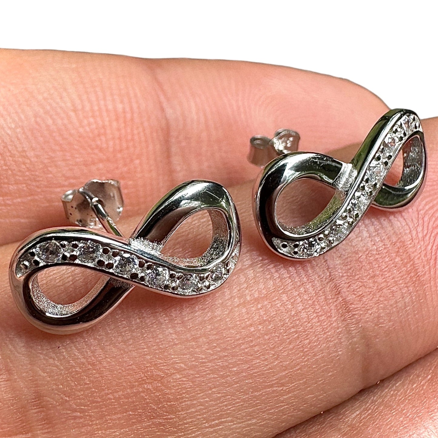 Infinity Stud Earrings 11mm 925 Sterling Silver Clear CZ