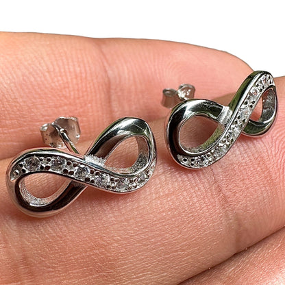 Infinity Stud Earrings 11mm 925 Sterling Silver Clear CZ