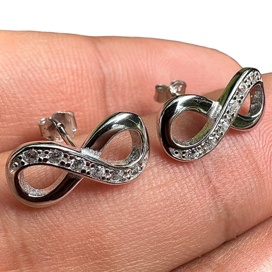 Infinity Stud Earrings 11mm 925 Sterling Silver Clear CZ