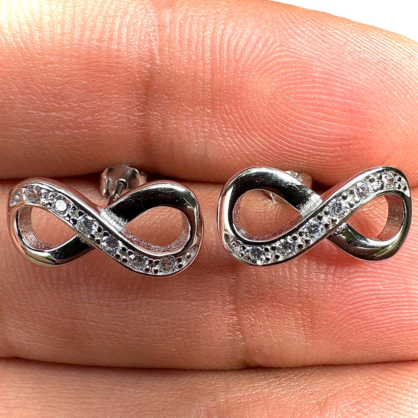 Infinity Stud Earrings 11mm 925 Sterling Silver Clear CZ