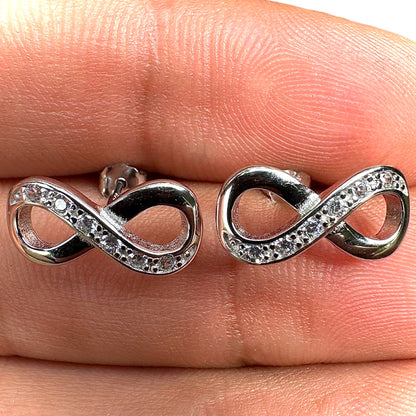 Infinity Stud Earrings 11mm 925 Sterling Silver Clear CZ