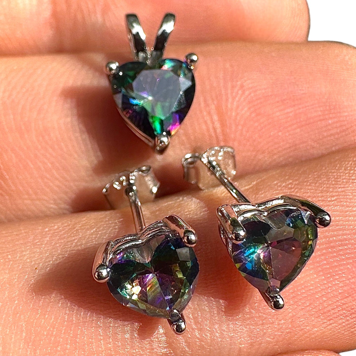 Heart Jewelry Set 925 Sterling Silver Rainbow Topaz CZ