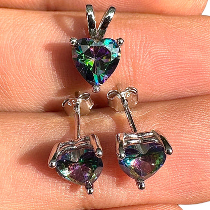 Heart Jewelry Set 925 Sterling Silver Rainbow Topaz CZ