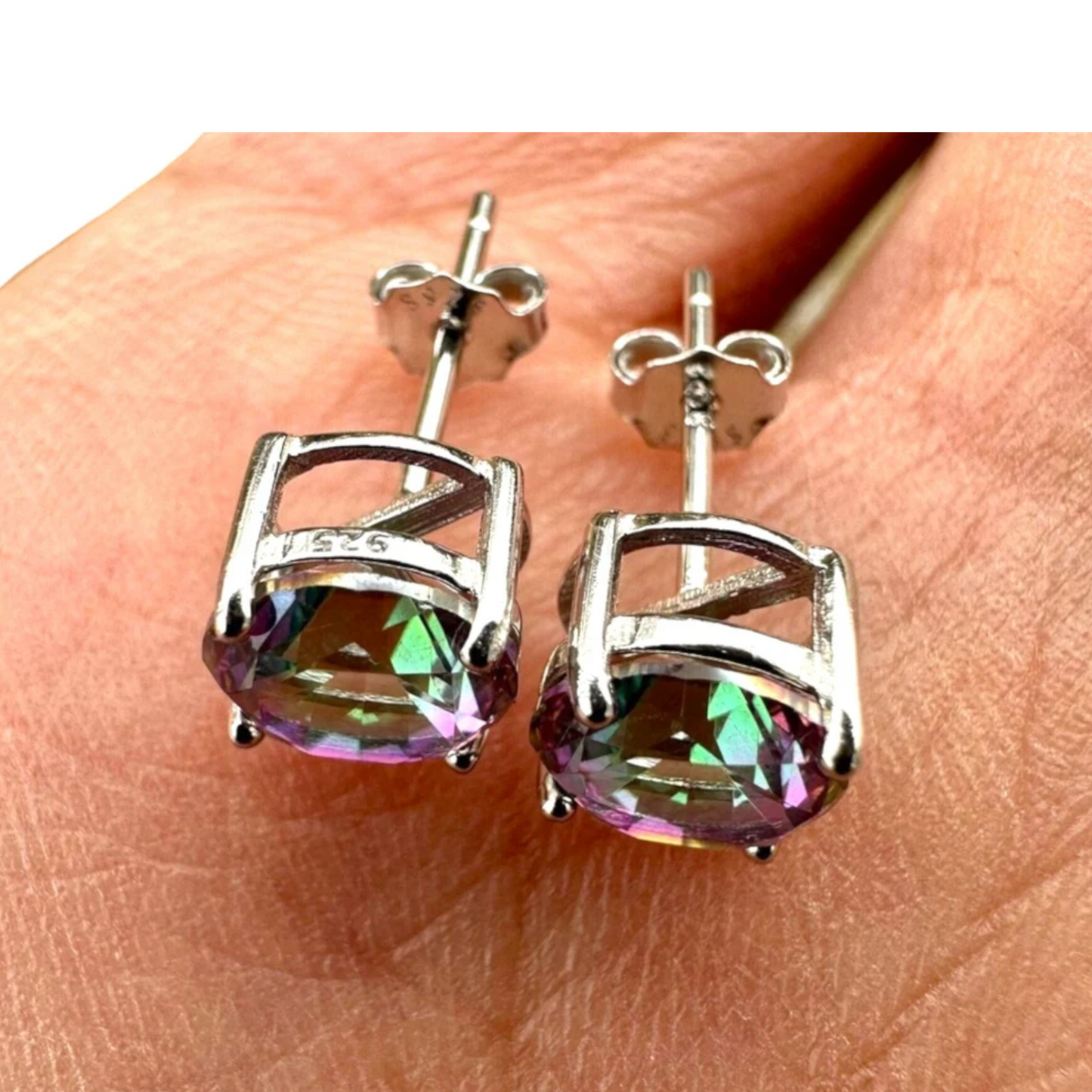 925 Sterling Silver Rainbow Mystic Topaz Stud Earrings for Women 6MM - leoshopdeals