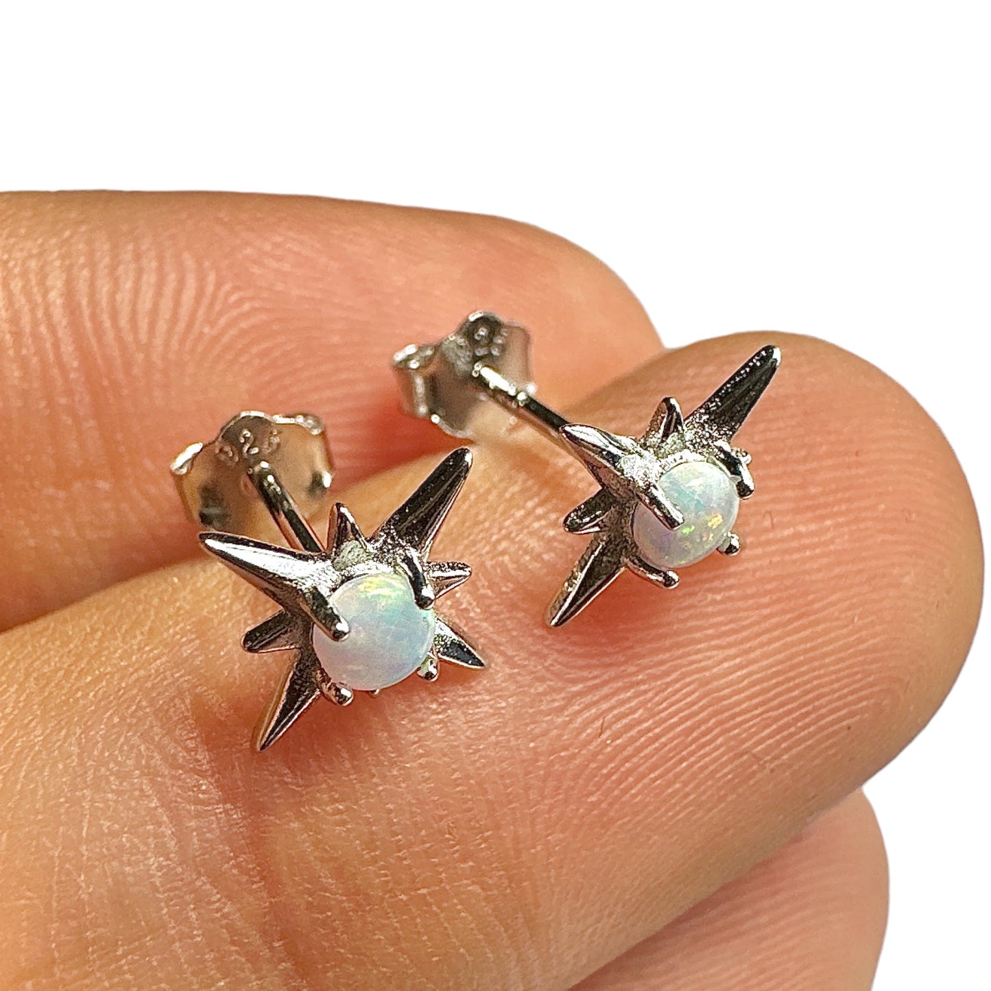 Opal Star Stud Earrings — White Lab Opal 925 Sterling Silver Rhodium 9.6mm