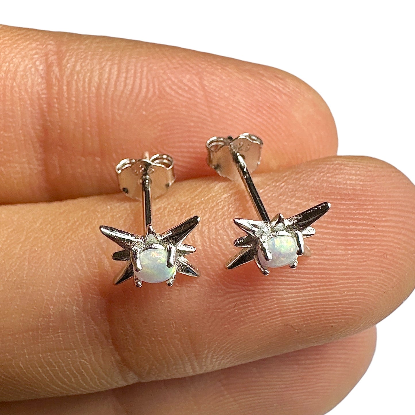 Opal Star Stud Earrings — White Lab Opal 925 Sterling Silver Rhodium 9.6mm