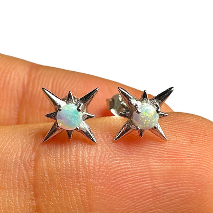 Opal Star Stud Earrings — White Lab Opal 925 Sterling Silver Rhodium 9.6mm
