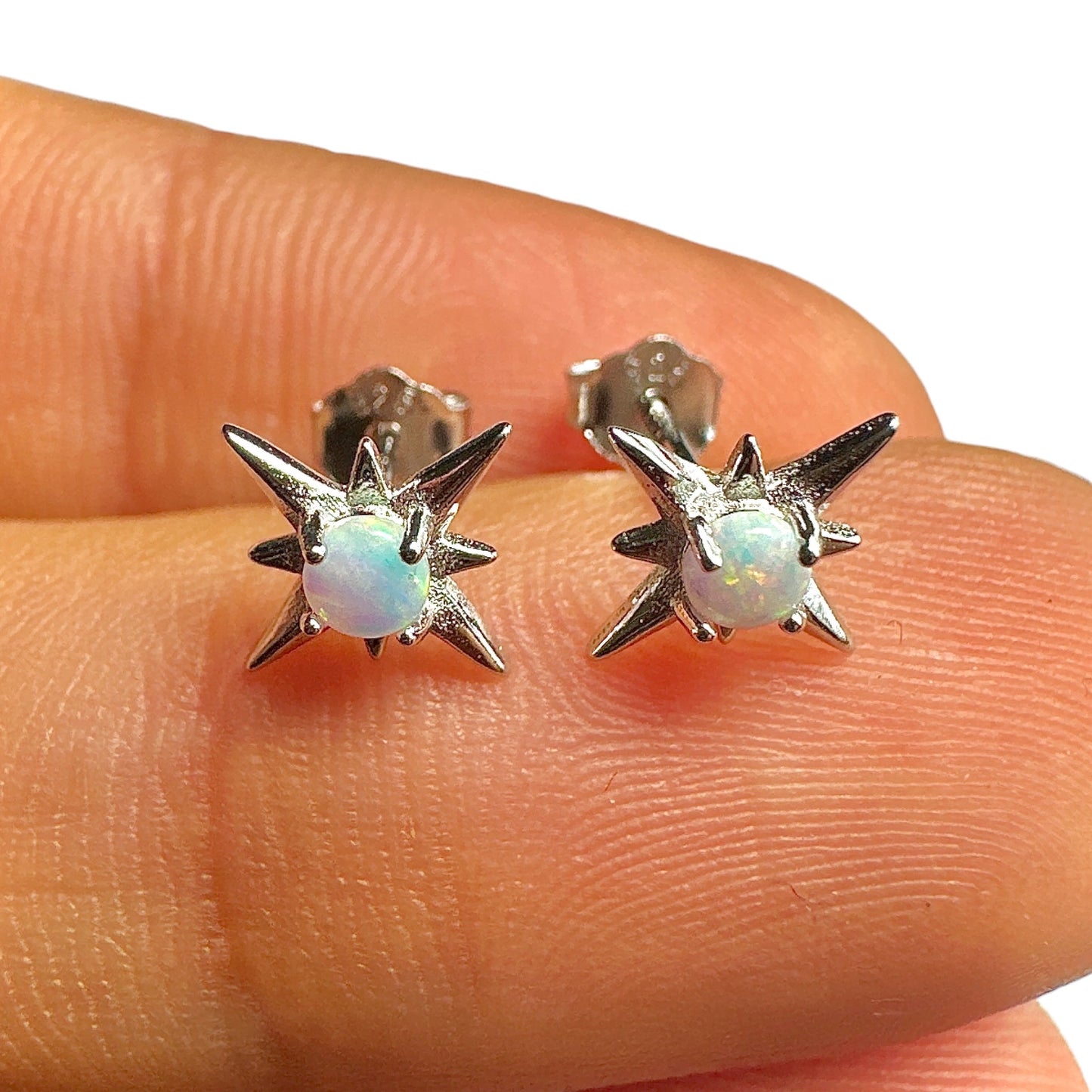 Opal Star Stud Earrings — White Lab Opal 925 Sterling Silver Rhodium 9.6mm