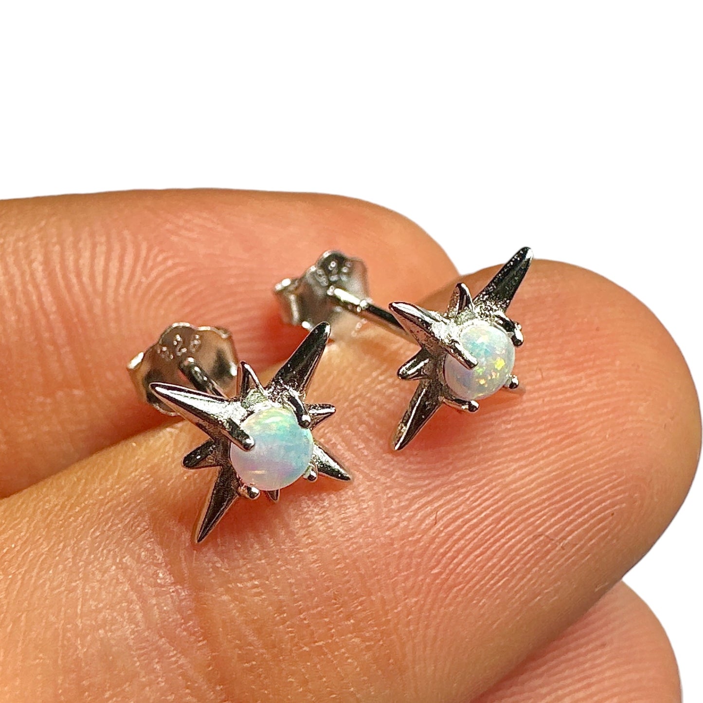 Opal Star Stud Earrings — White Lab Opal 925 Sterling Silver Rhodium 9.6mm