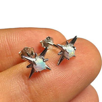 Opal Star Stud Earrings — White Lab Opal 925 Sterling Silver Rhodium 9.6mm