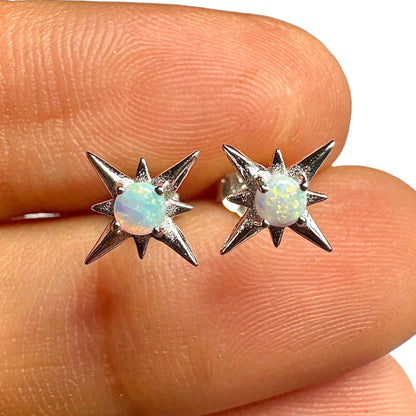 Opal Star Stud Earrings — White Lab Opal 925 Sterling Silver Rhodium 9.6mm
