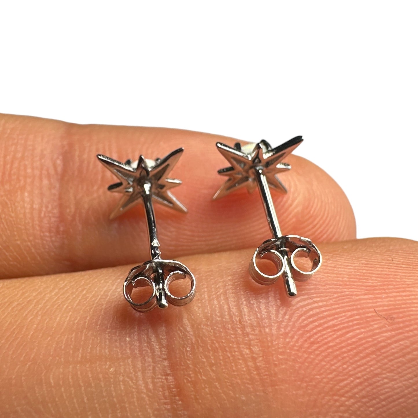 Opal Star Stud Earrings — White Lab Opal 925 Sterling Silver Rhodium 9.6mm