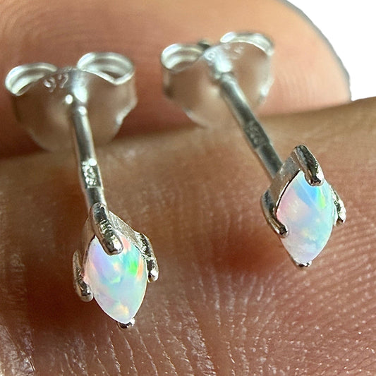 Opal Stud Earrings 925 Sterling Silver Lab Grown 2x4mm