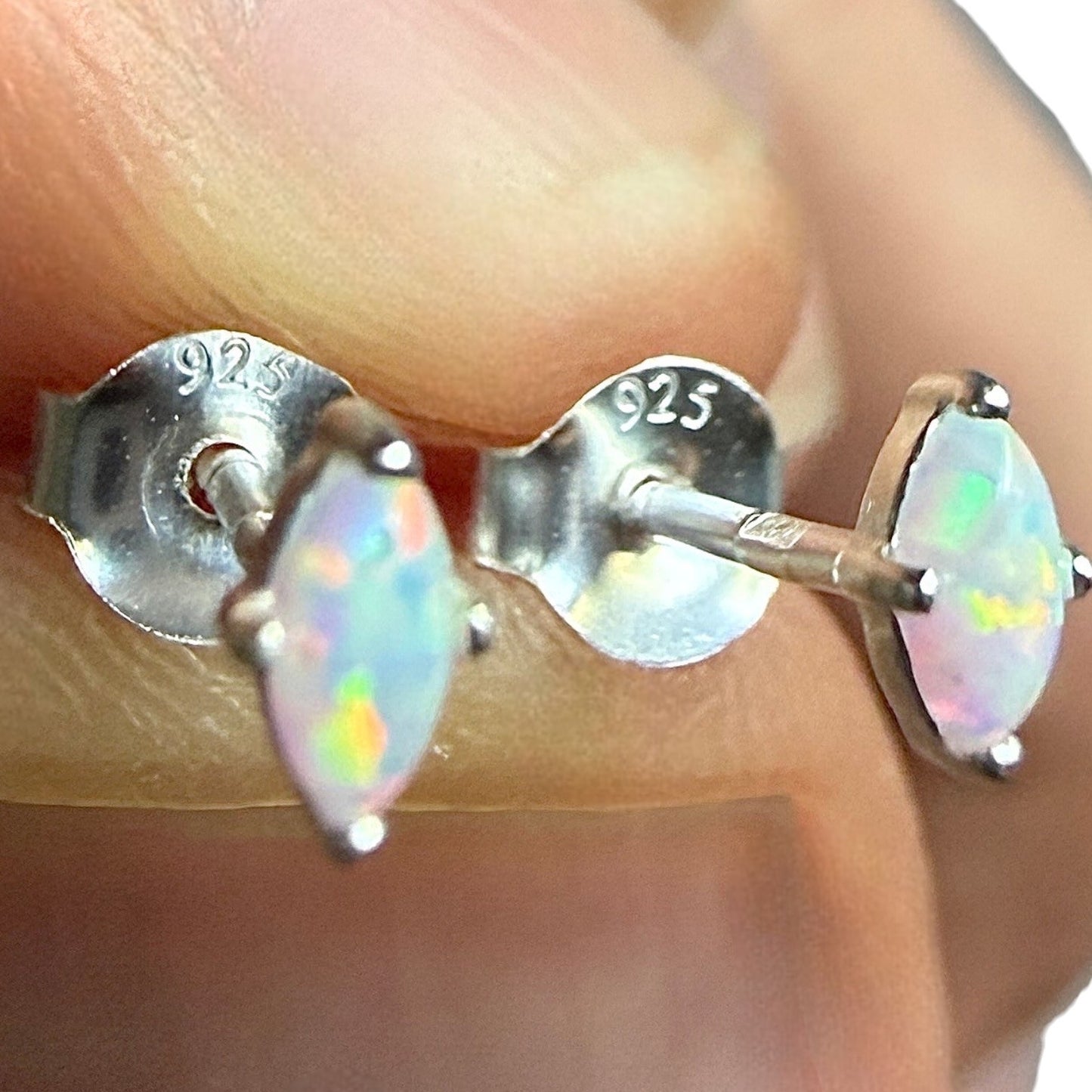 Opal Stud Earrings 925 Sterling Silver Lab Grown 2x4mm