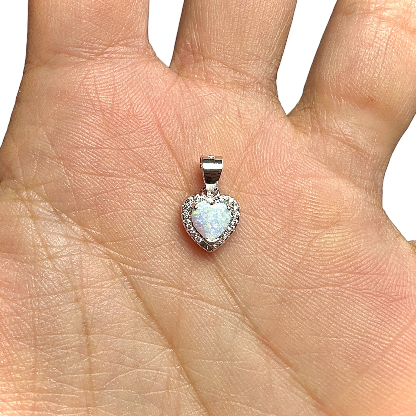 White Lab Opal Heart Pendant 11mm — 925 Sterling Silver Dainty Charm