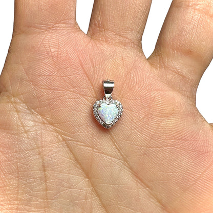 White Lab Opal Heart Pendant 11mm — 925 Sterling Silver Dainty Charm