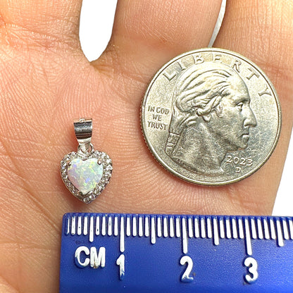 White Lab Opal Heart Pendant 11mm — 925 Sterling Silver Dainty Charm