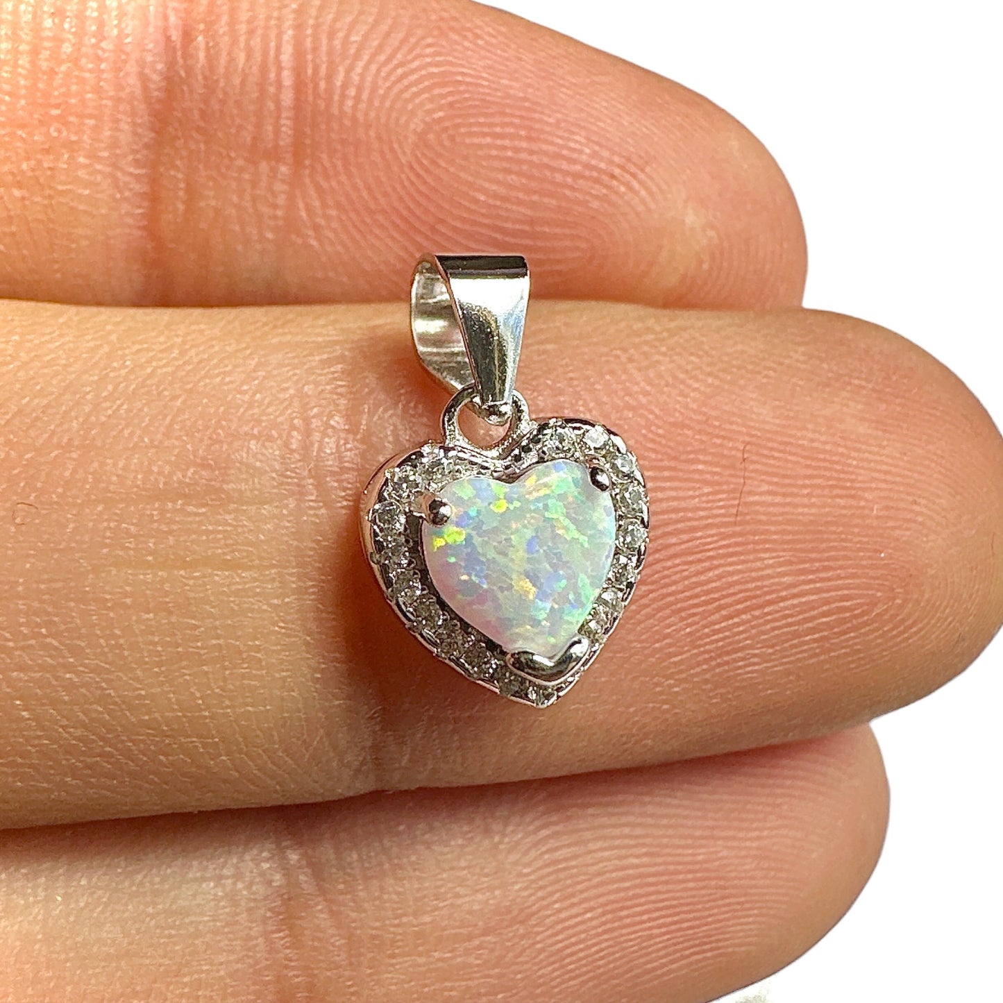 White Lab Opal Heart Pendant 11mm — 925 Sterling Silver Dainty Charm