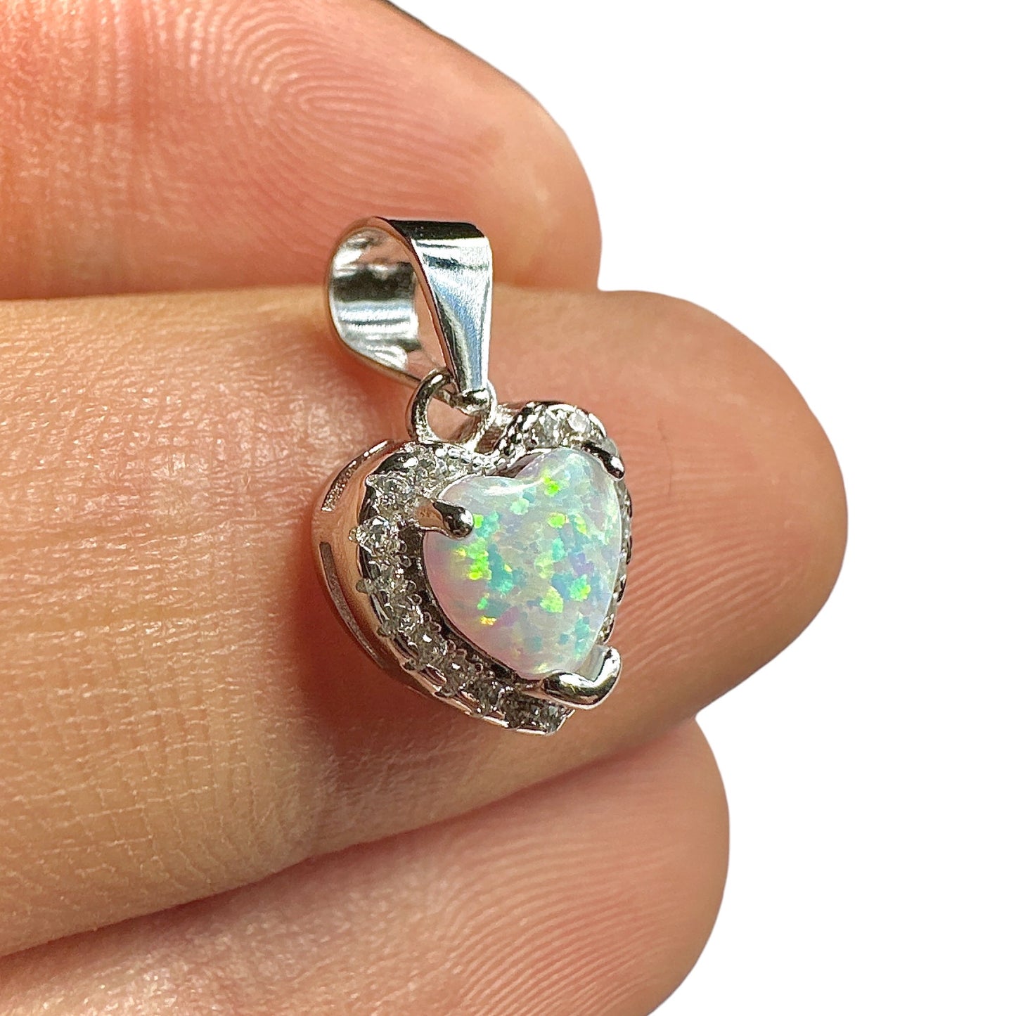 White Lab Opal Heart Pendant 11mm — 925 Sterling Silver Dainty Charm