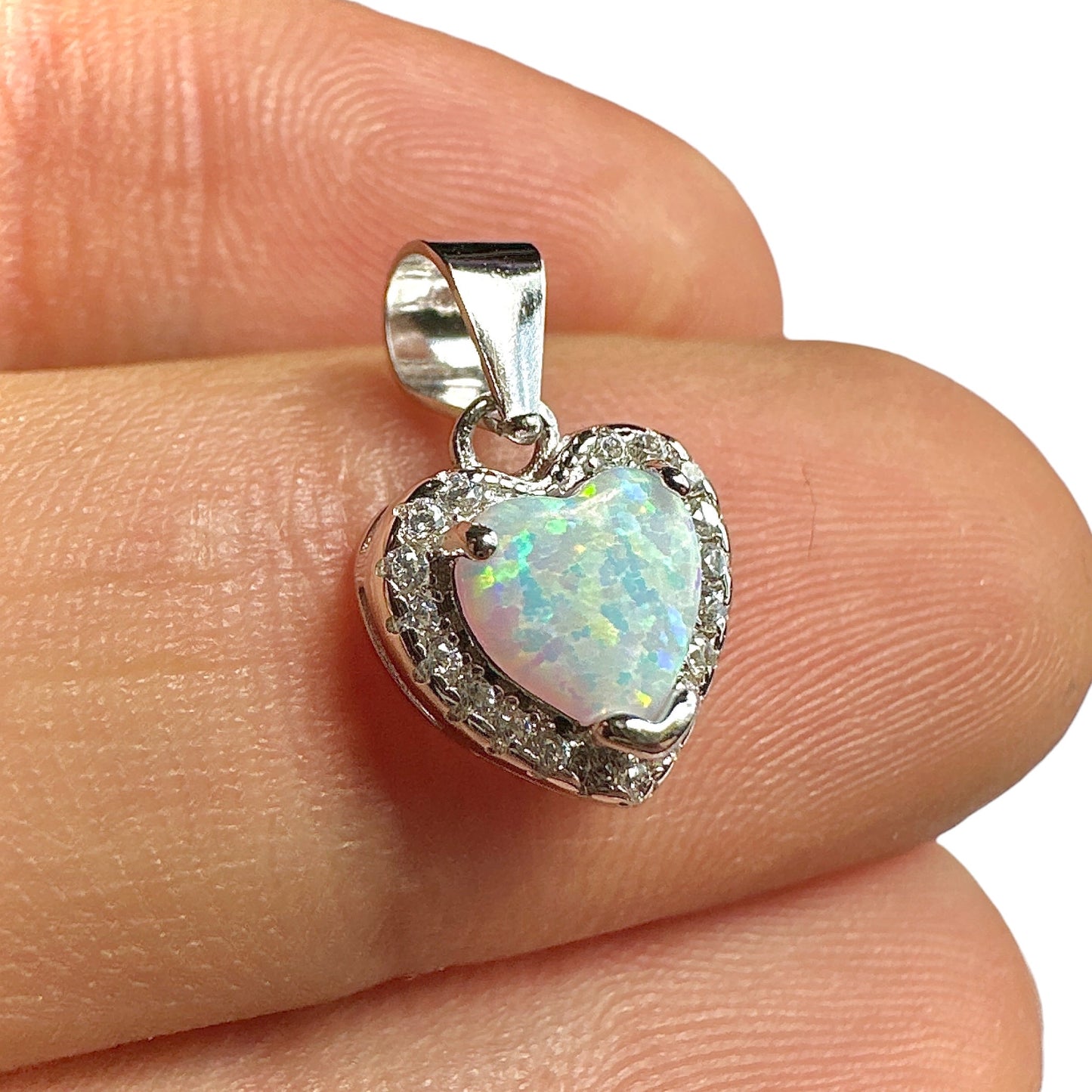 White Lab Opal Heart Pendant 11mm — 925 Sterling Silver Dainty Charm
