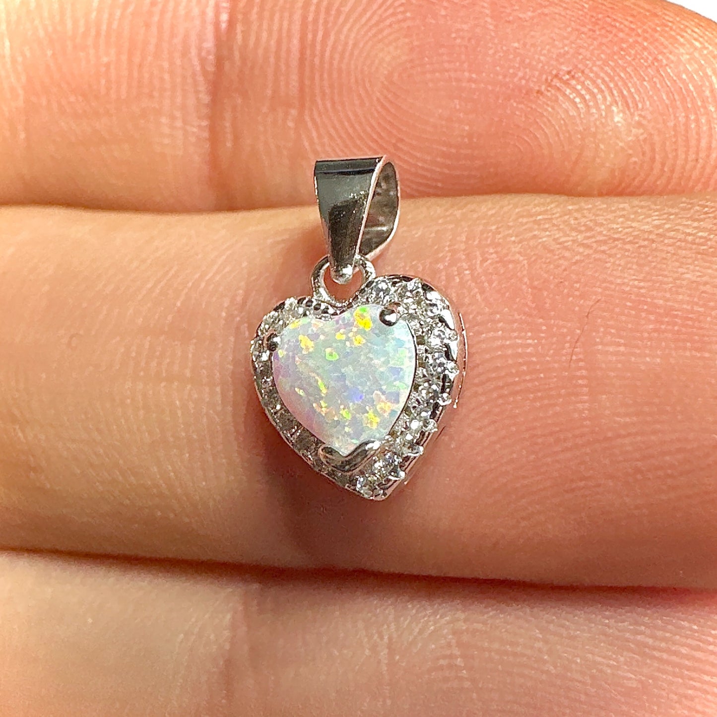 White Lab Opal Heart Pendant 11mm — 925 Sterling Silver Dainty Charm
