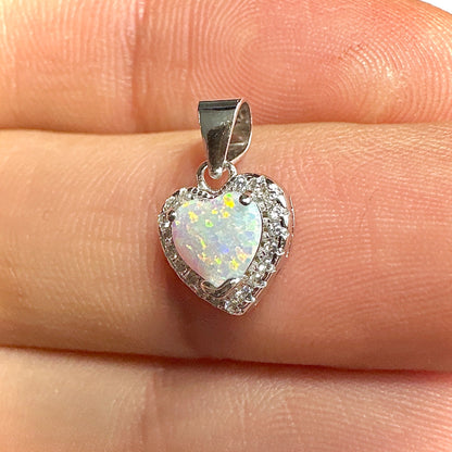 White Lab Opal Heart Pendant 11mm — 925 Sterling Silver Dainty Charm