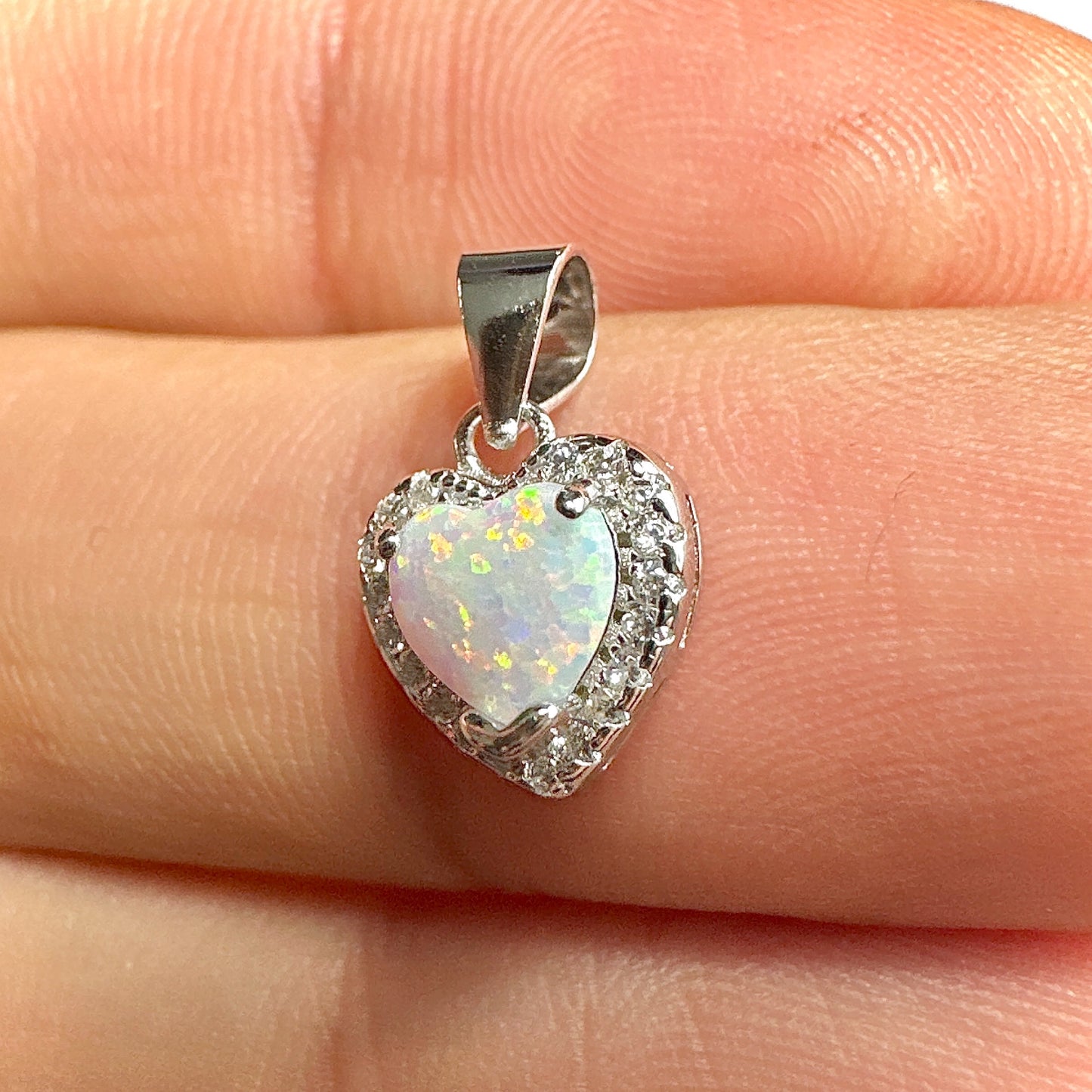 White Lab Opal Heart Pendant 11mm — 925 Sterling Silver Dainty Charm