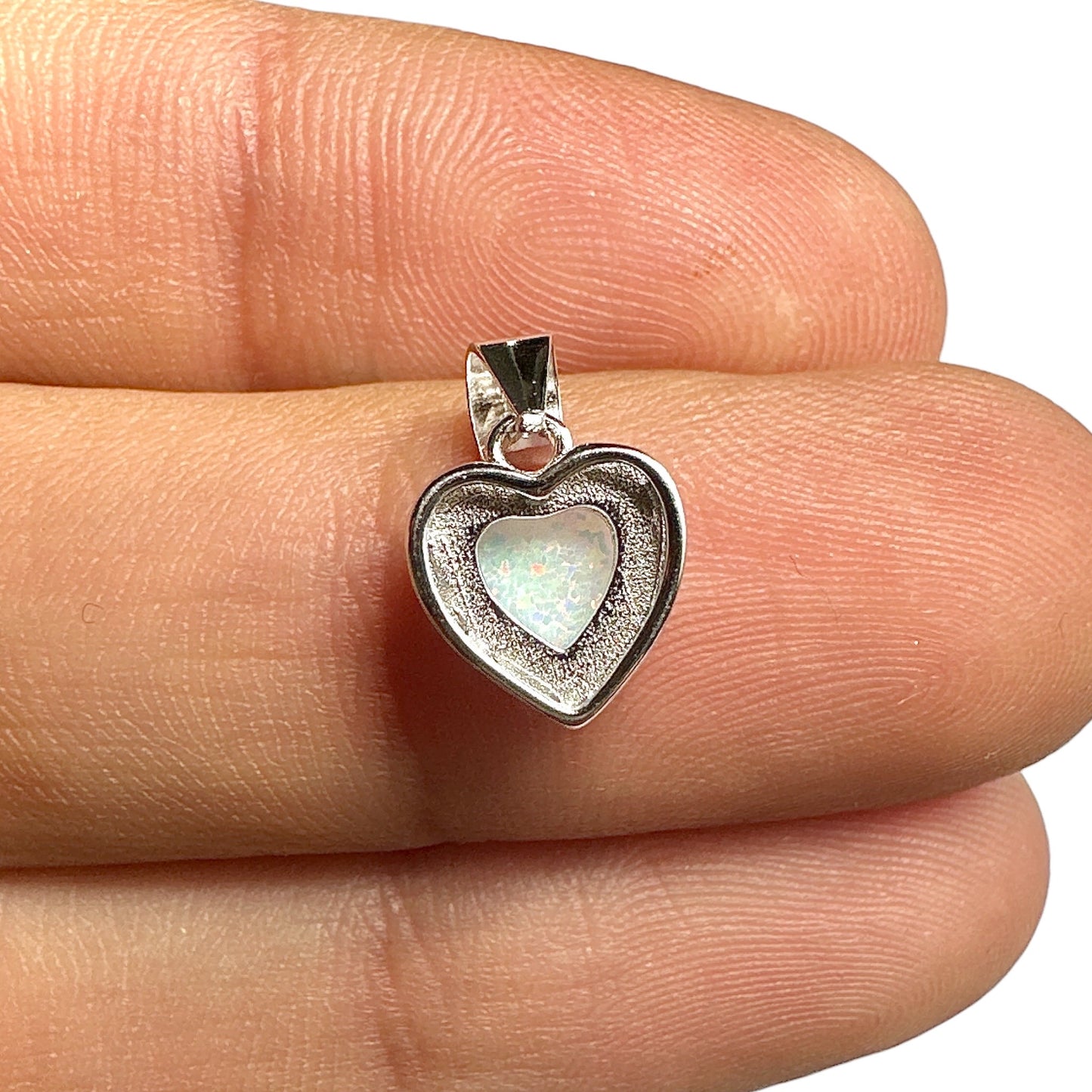 White Lab Opal Heart Pendant 11mm — 925 Sterling Silver Dainty Charm