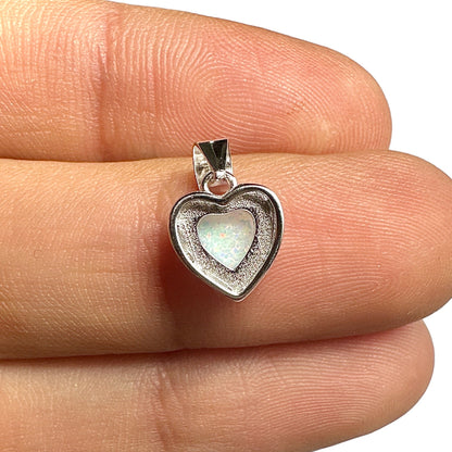 White Lab Opal Heart Pendant 11mm — 925 Sterling Silver Dainty Charm