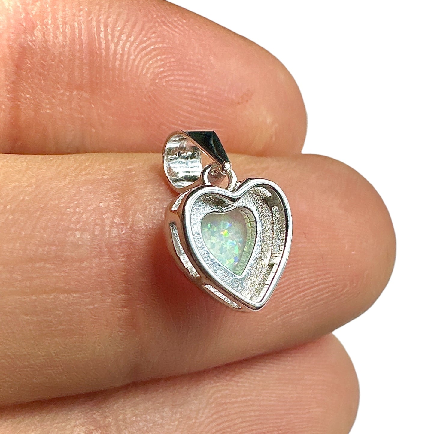 White Lab Opal Heart Pendant 11mm — 925 Sterling Silver Dainty Charm