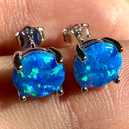 Blue Opal Stud Earrings 7mm 925 Sterling Silver