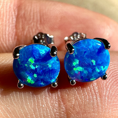 Blue Opal Stud Earrings 7mm 925 Sterling Silver