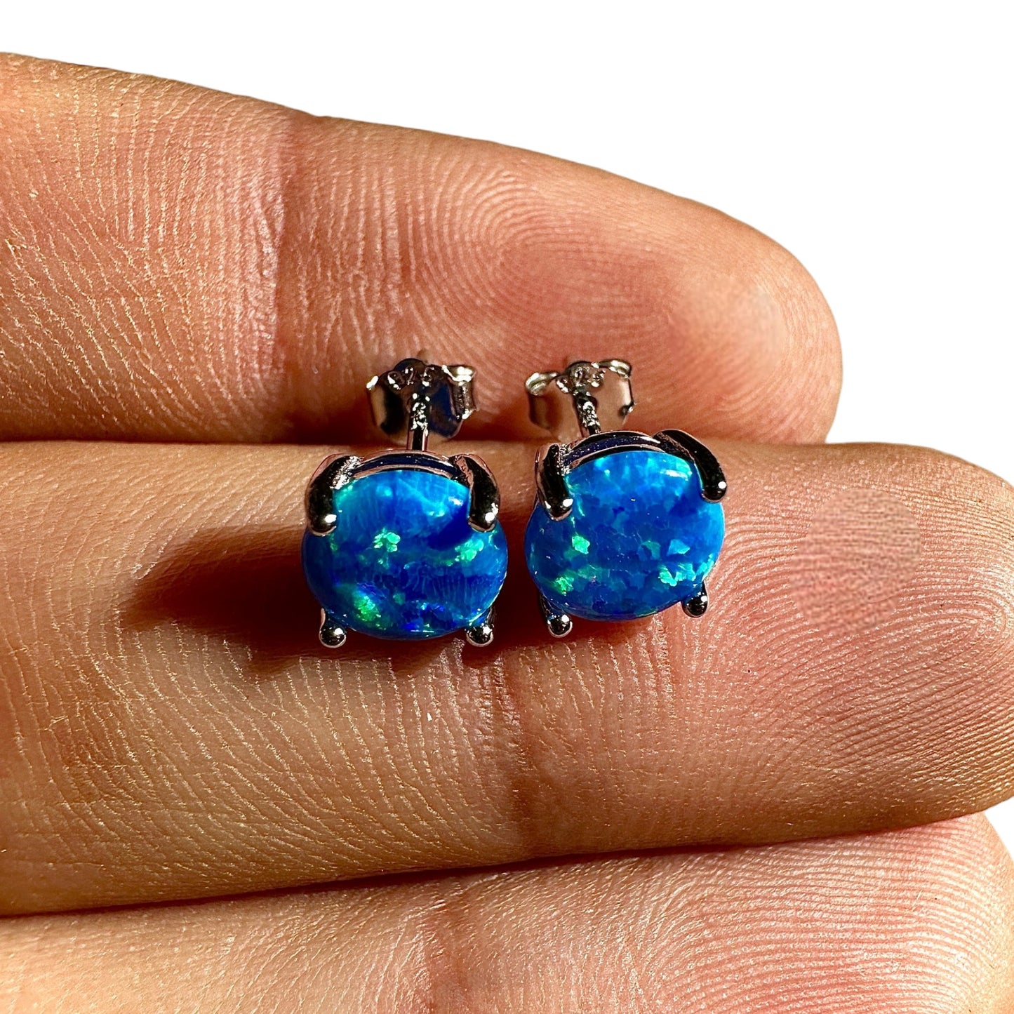 Blue Opal Stud Earrings 7mm 925 Sterling Silver
