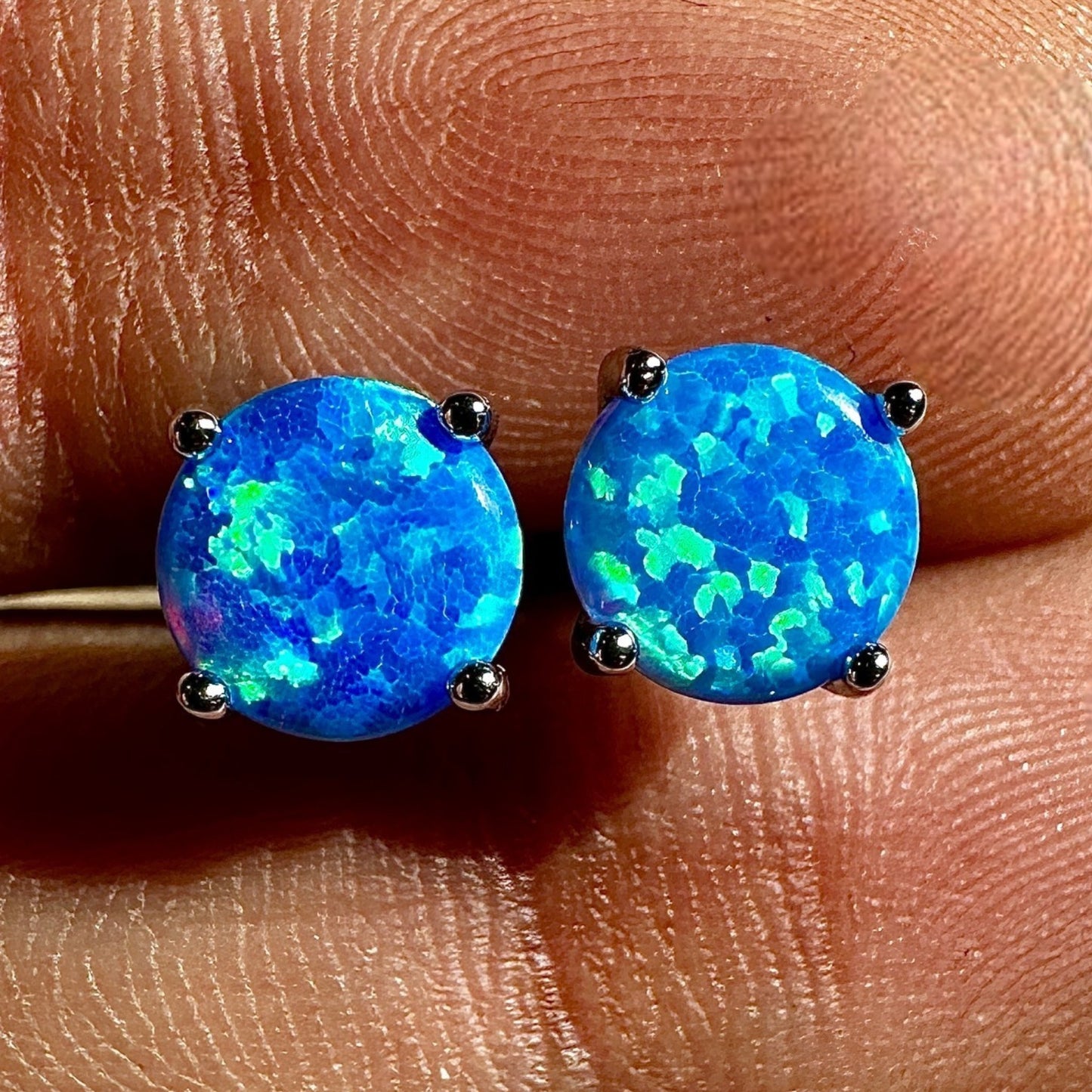 Blue Opal Stud Earrings 7mm 925 Sterling Silver