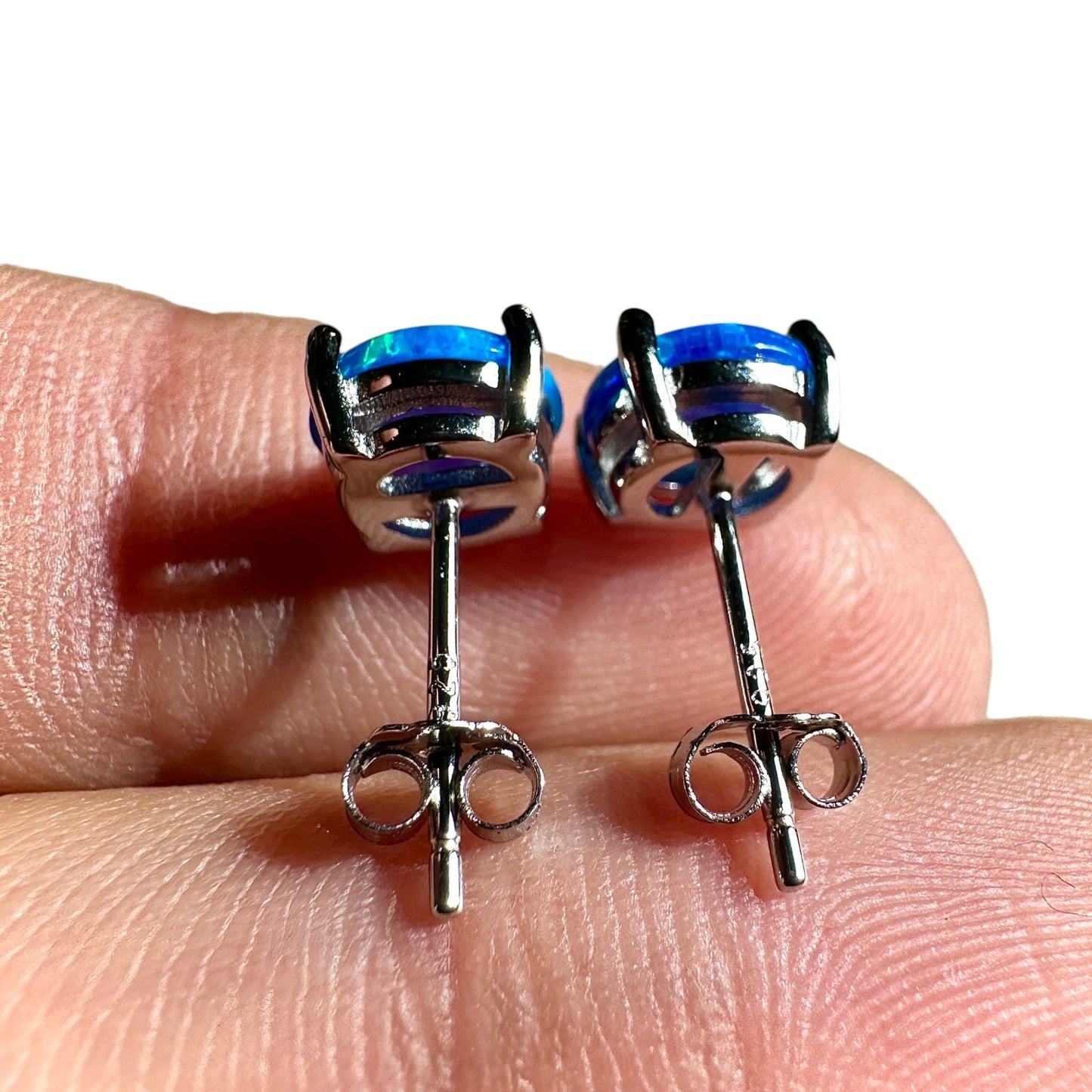 Blue Opal Stud Earrings 7mm 925 Sterling Silver