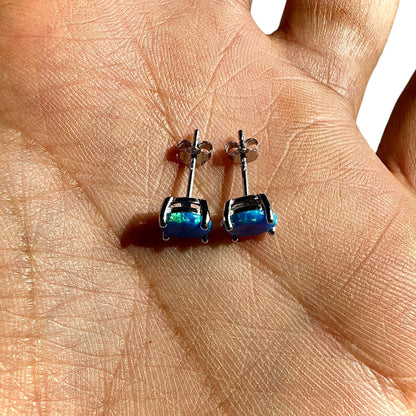 Blue Opal Stud Earrings 7mm 925 Sterling Silver