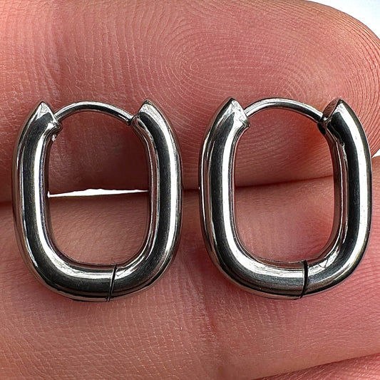 Silver Oval Hoop Earrings 316L Stainless Steel 15.6mm