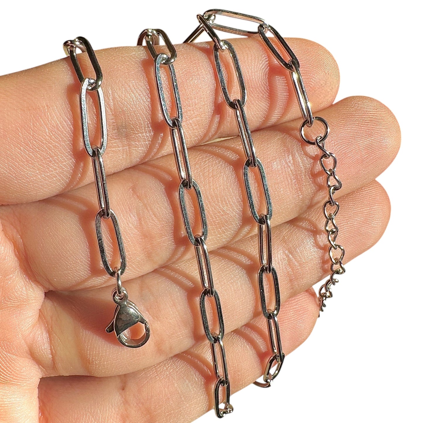 Silver Paperclip Chain Necklace 18"+2" 4mm Stainless Steel