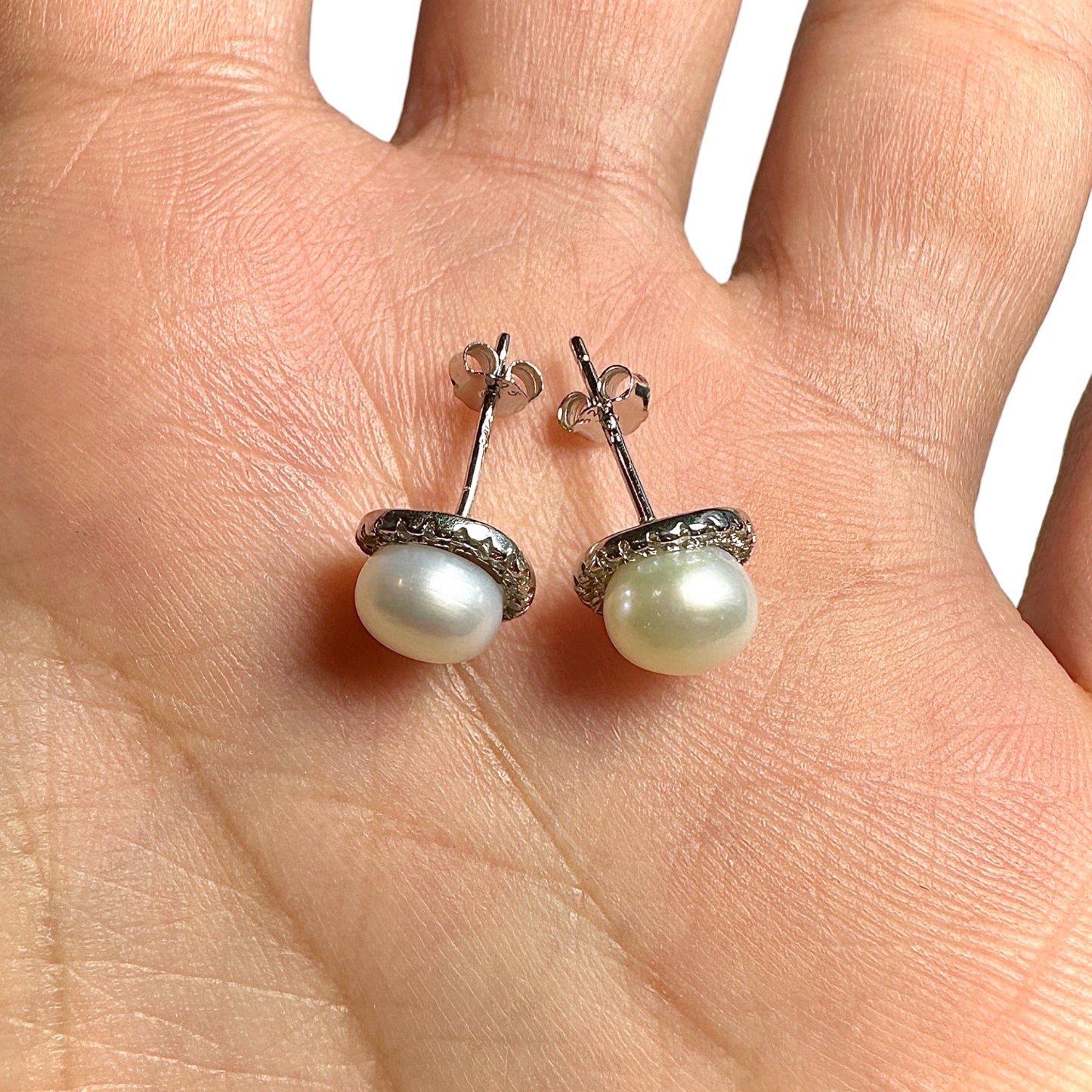 Pearl Stud Earrings 925 Sterling Silver 9mm Halo Faux Pearl Elegant Gift