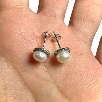 Pearl Stud Earrings 925 Sterling Silver 9mm Halo Faux Pearl Elegant Gift