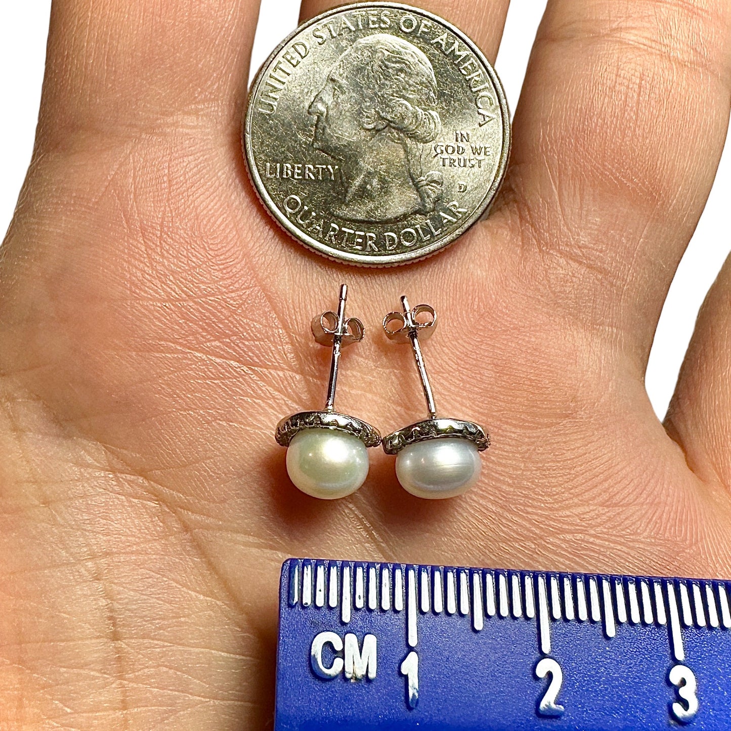 Pearl Stud Earrings 925 Sterling Silver 9mm Halo Faux Pearl Elegant Gift